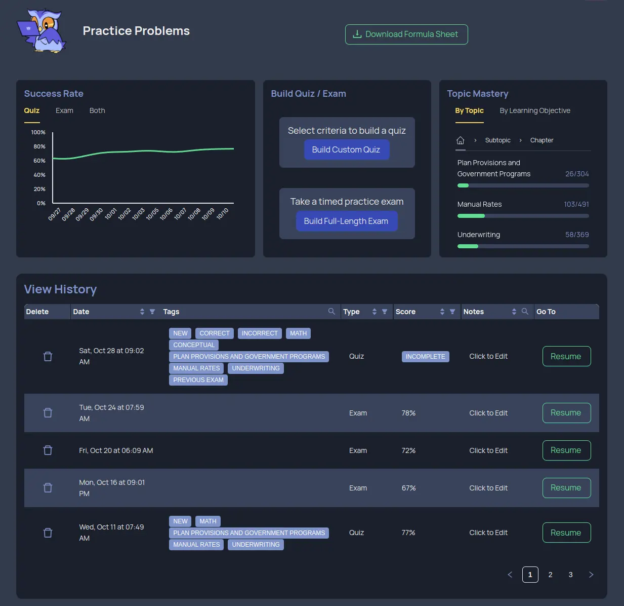 screenshot of questions dashboard