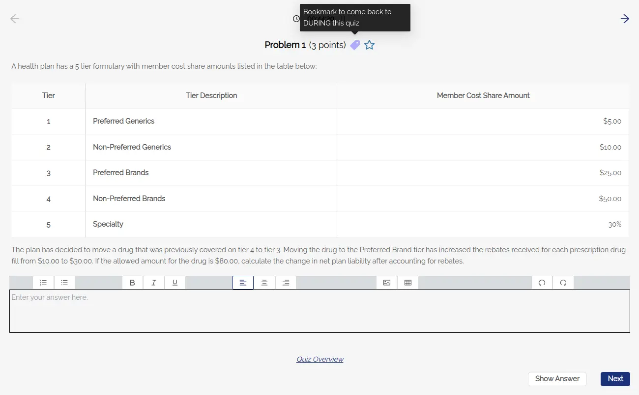 Example of bookmarking a problem during a quiz