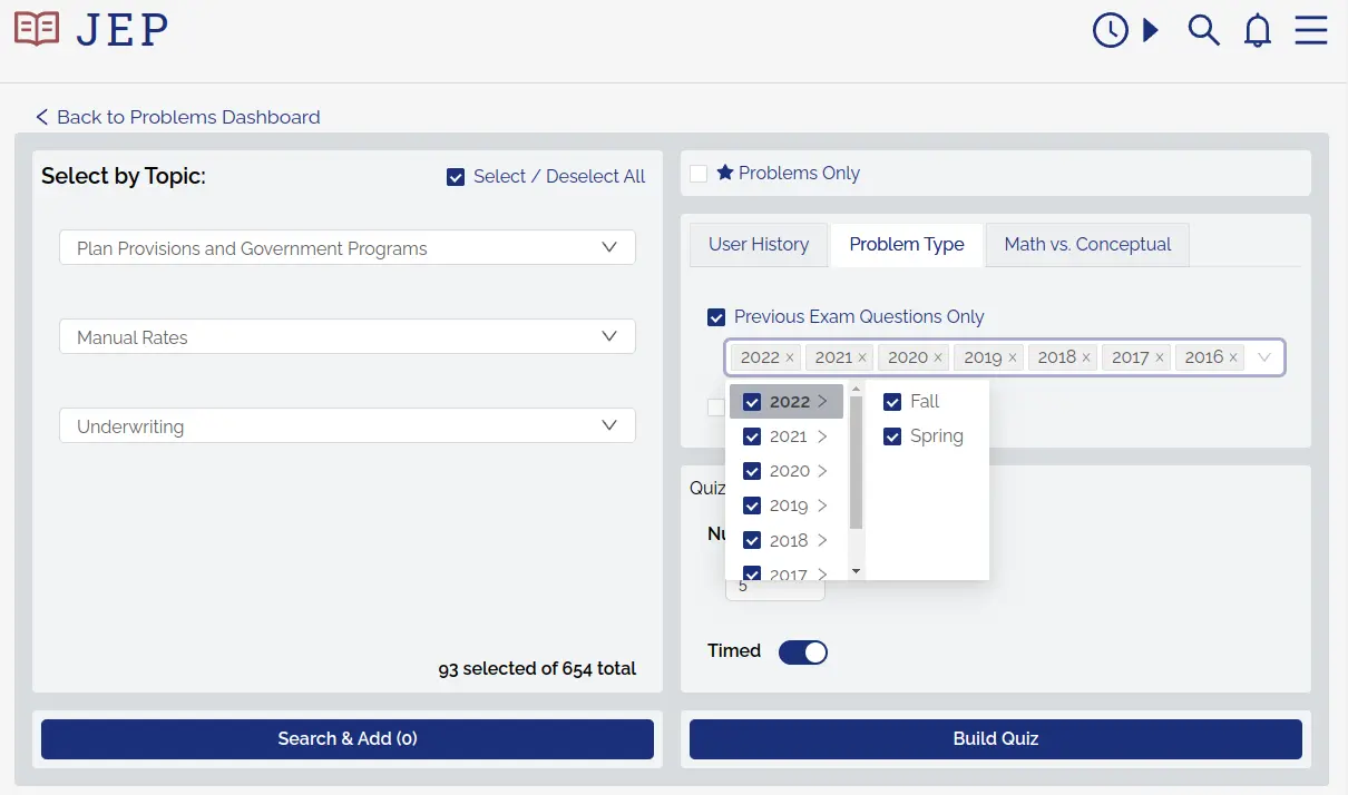 Example of filtering a quiz by previous exam sitting